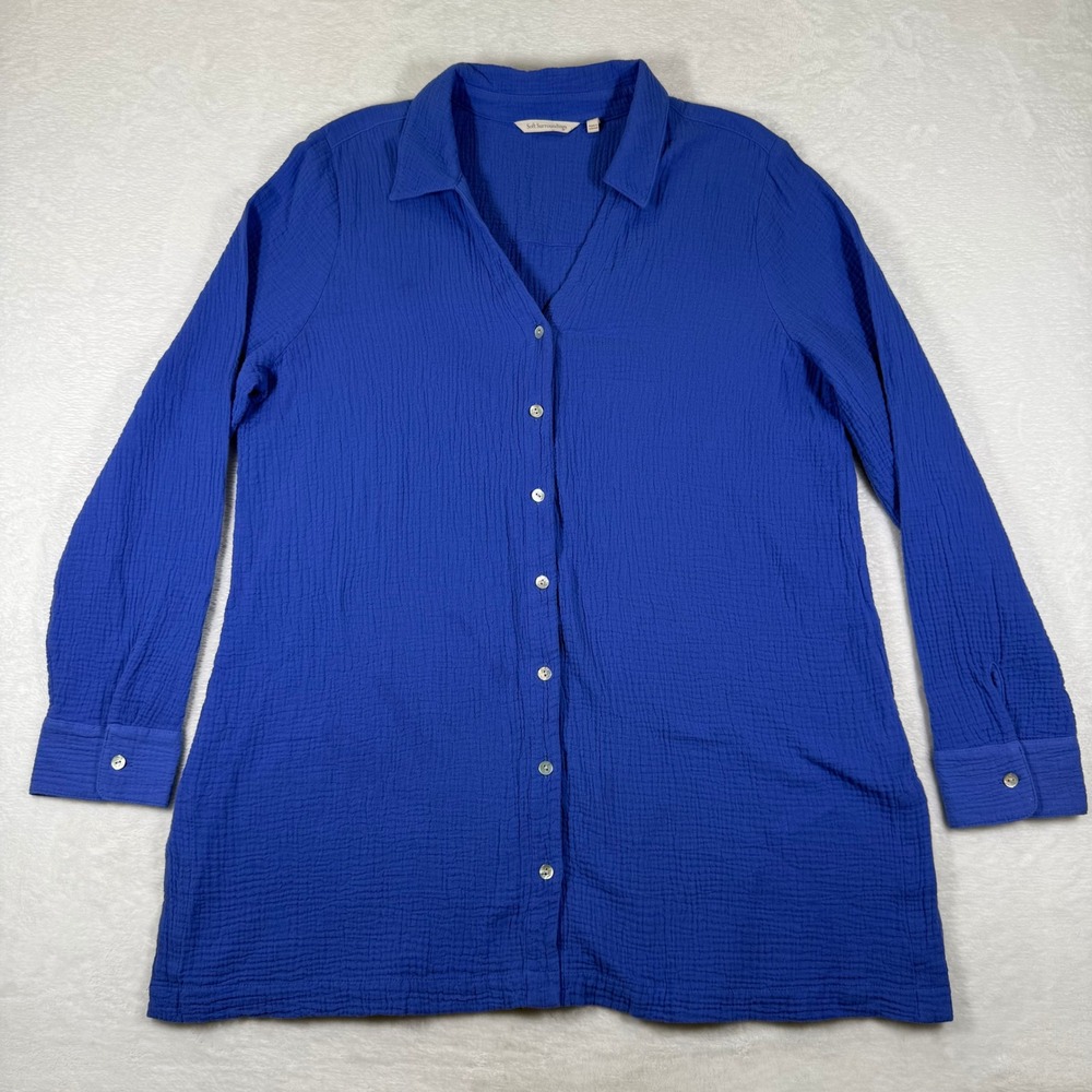Soft Surroundings Royal Blue Crinkle Gauze Cotton Button Up Tunic Shirt 2FJ10 L
